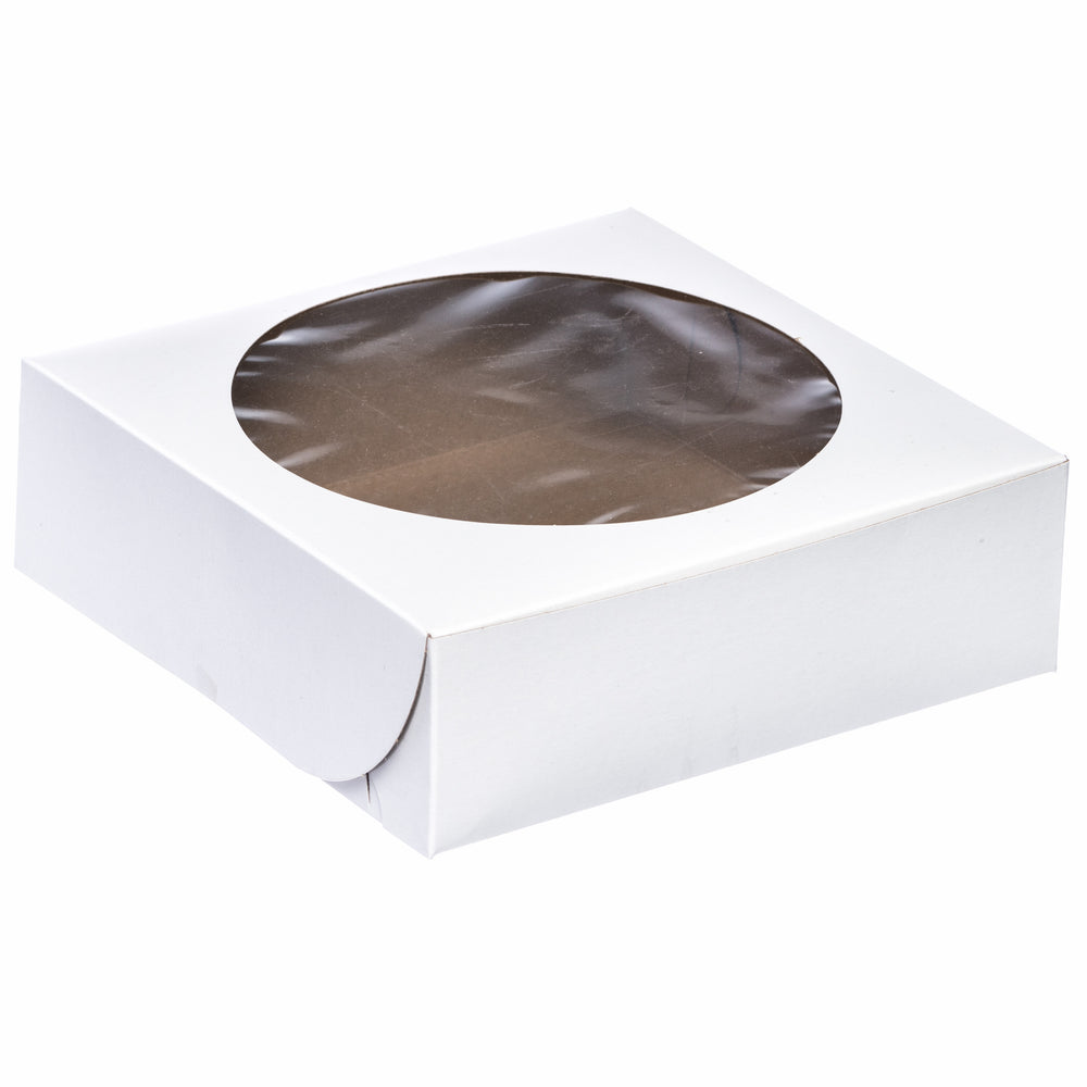 White Cake & Pie Box with Round Window – 8" x 8" x 2.5", FDA Compliant
